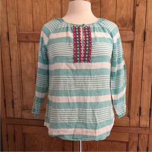 🌺 Talbots Womens Sz S Petite Long Sleeve Aqua White Stripe Embroidered Top